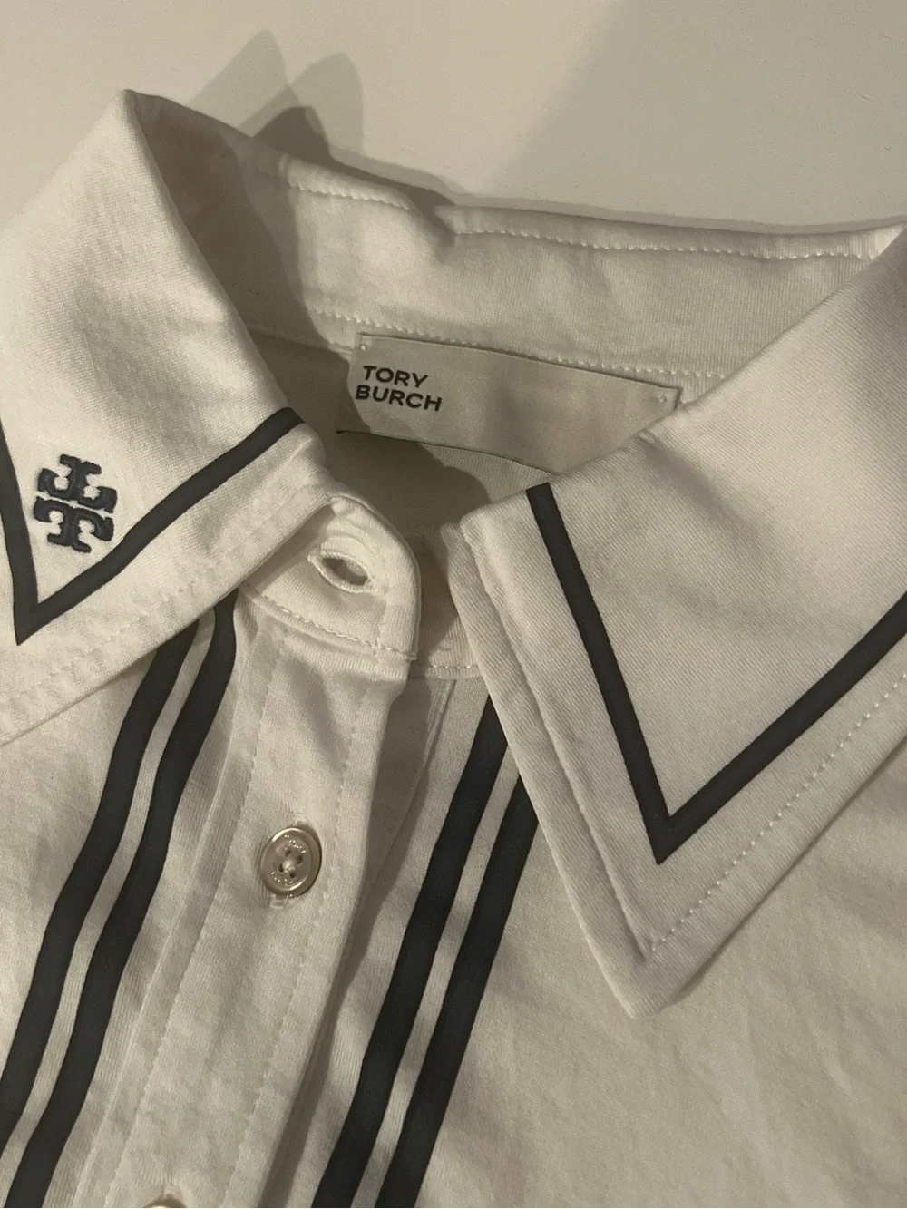Tory Burch RETRO MERCERIZED COTTON POLO Size Small White Blue Preowned Mint!